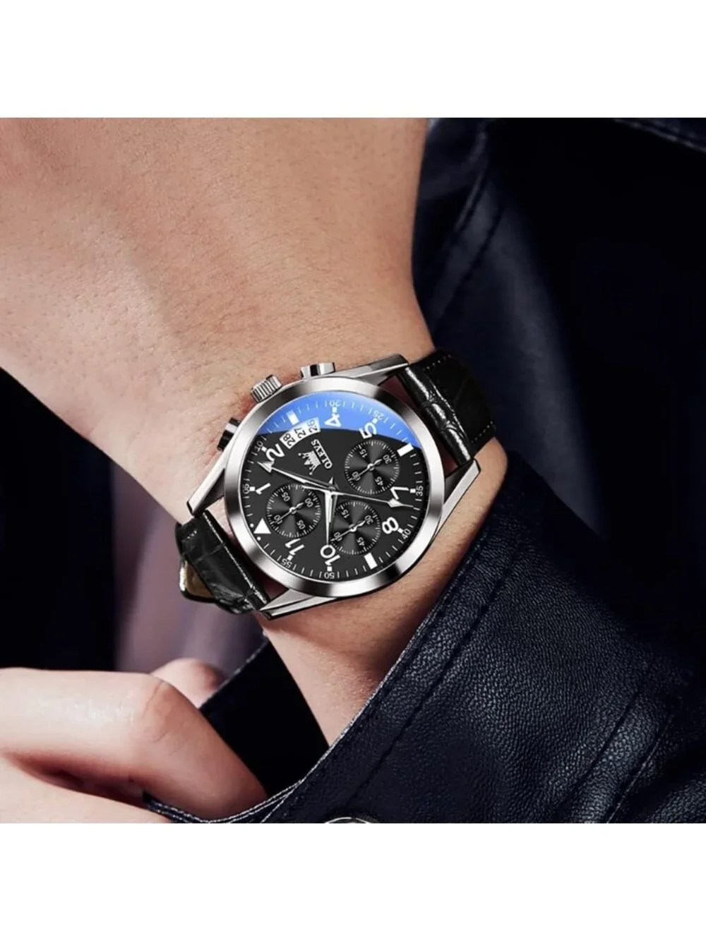 Mens Silver Large Face Black Leather Analog Classic Chronograph Waterproof Watch